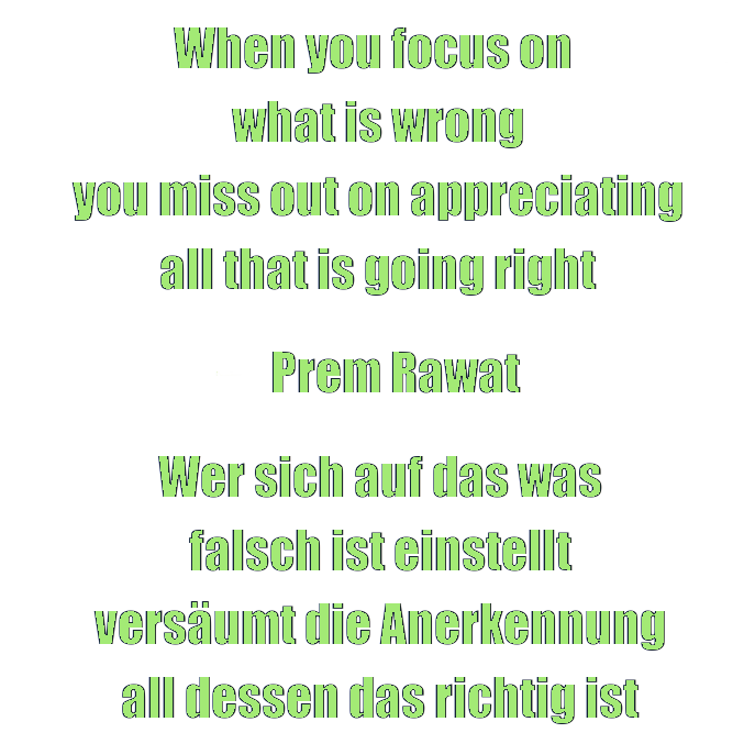  When you focus on what is wrong,
you miss out on appreciating all
that is going right

(Wer sich auf das was
falsch ist einstellt
vers&auml;umt die Anerkennung
all dessen das richtig ist)

Prem Rawat - Amaroo 2018 Series, Episode 6